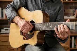 Guitariste adulte formant l'accord D7 sur une guitare acoustique dreadnought, doigts bien positionnés sur le manche en bois