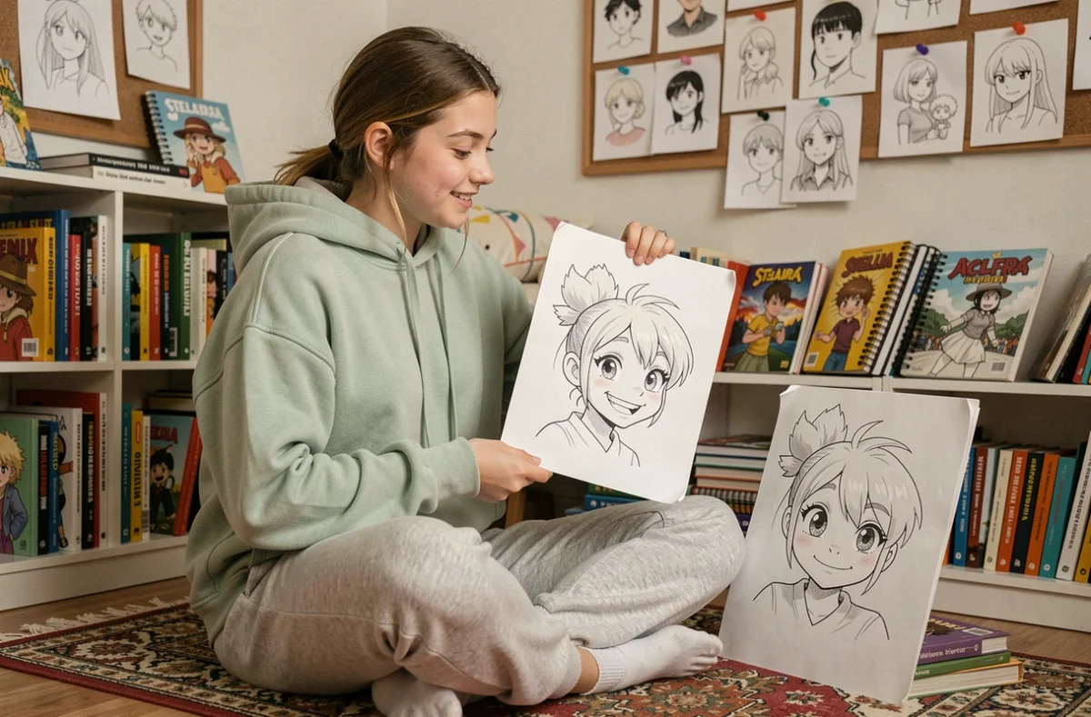 Adolescente comparant son dessin du personnage Stella à une référence imprimée pour perfectionner les yeux et le sourire