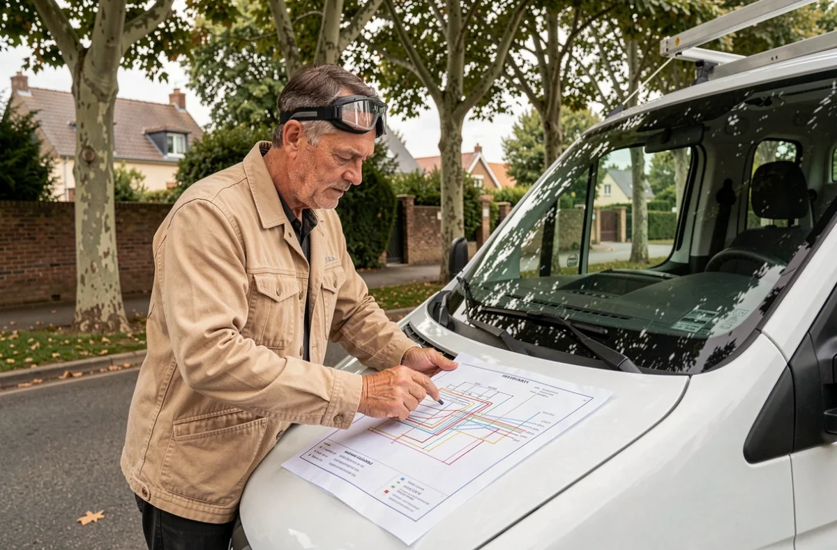 Électricien AEAD consultant un schéma électrique devant son utilitaire en bord de rue dans les Yvelines