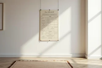 Affiche murale horaire de prière en français imprimée sur papier A4 et affichée dans une salle de prière à Montpellier