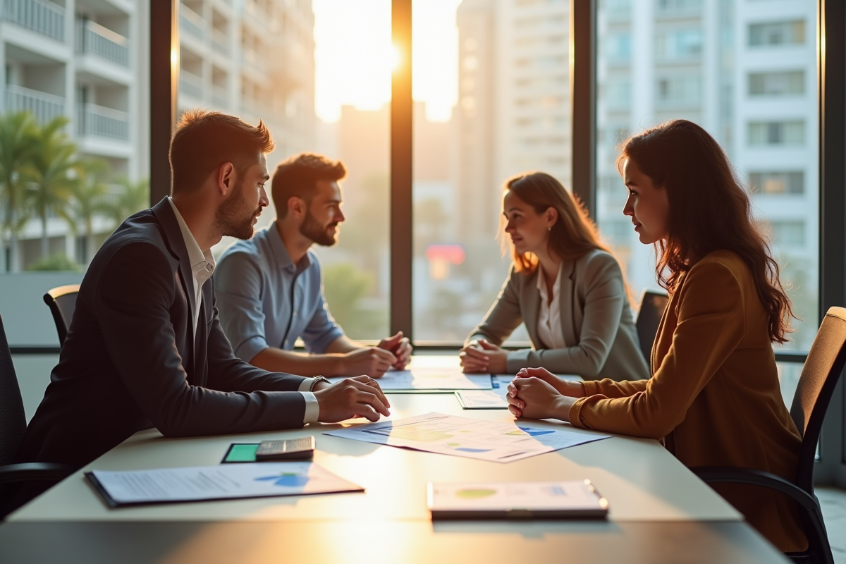 Agent immobilier discutant stratégies d'investissement avec un couple dans un bureau lumineux