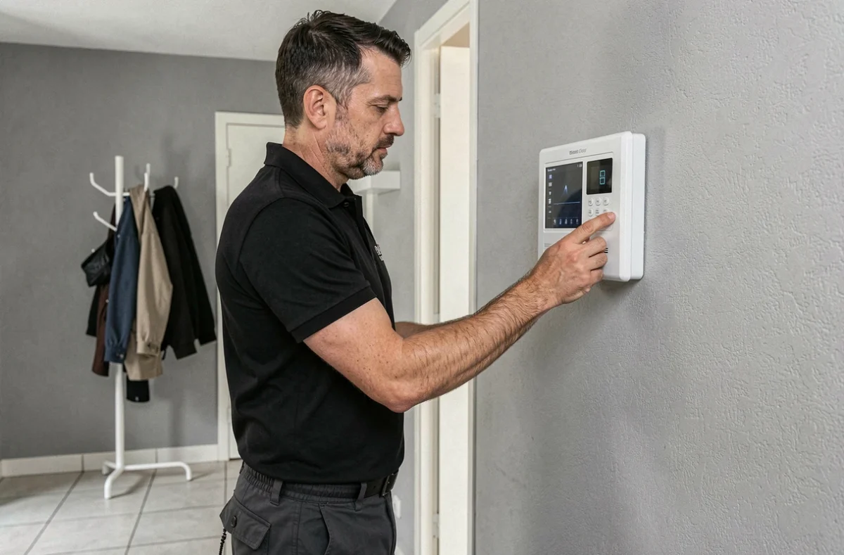 Technicien d'Alarme Saint Cyr Sécurité installant un système d'alarme dans une entrée à Saint-Cyr-l'École