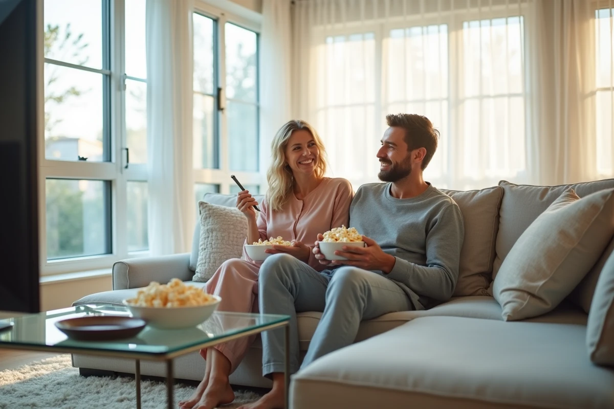 Deux amis sur un canapé partageant du popcorn et regardant la télévision ensemble en après-midi