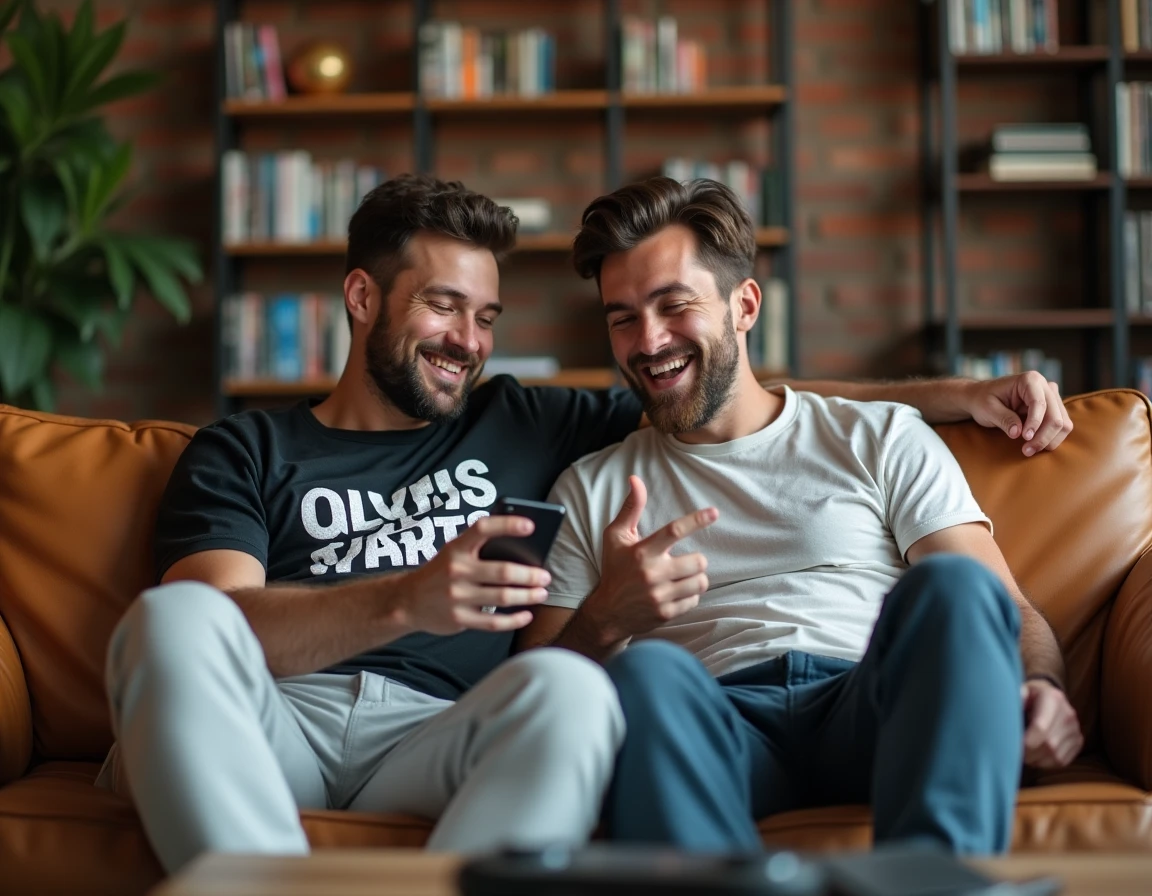 Deux amis trentenaires rient en regardant des captures d'écran de vieux Skyblogs sur un smartphone dans un appartement urbain