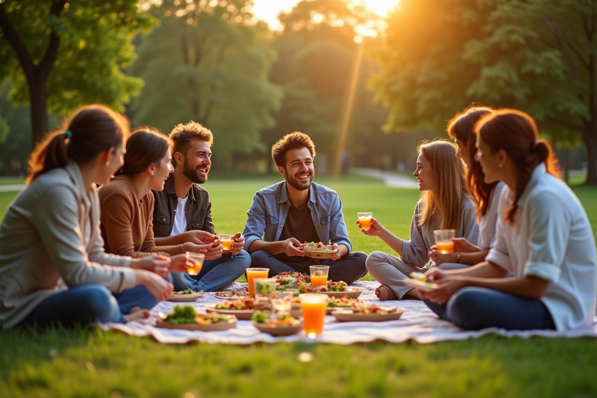 Groupe d amis partageant un pique-nique dans un parc ensoleille