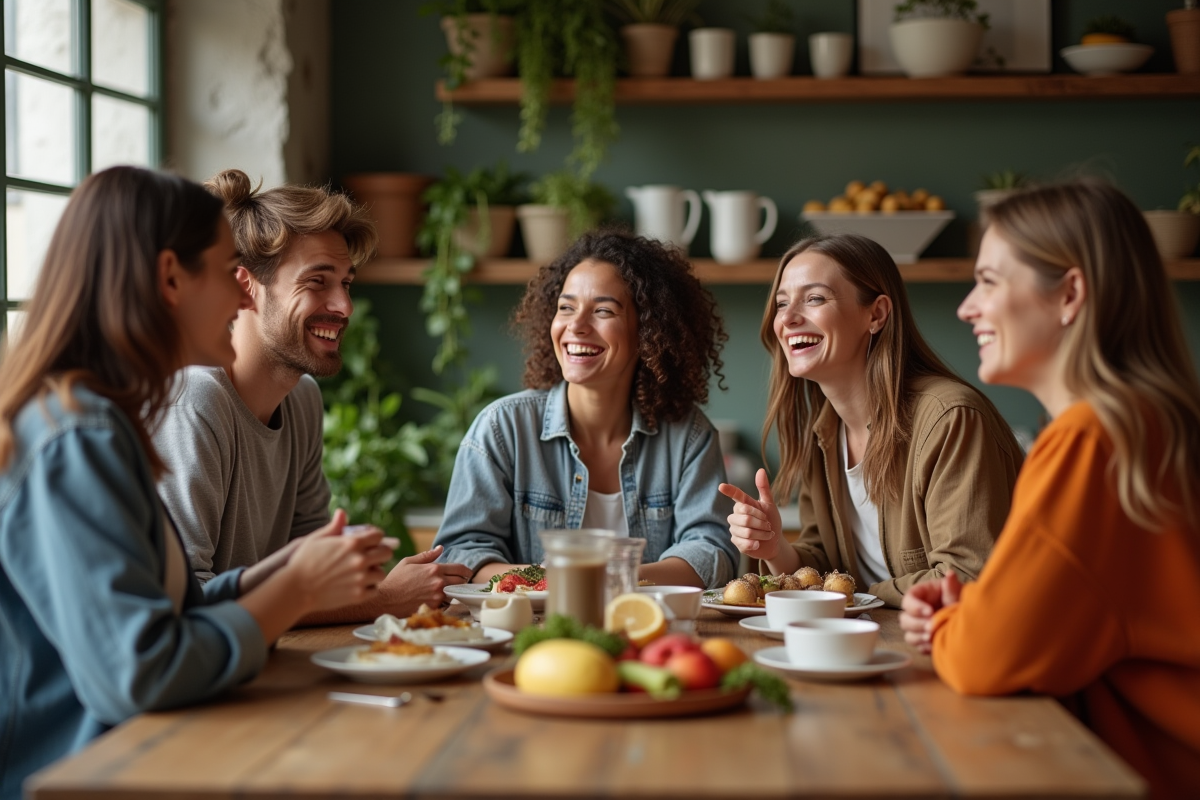 Groupe d amis riant autour d une table de cuisine