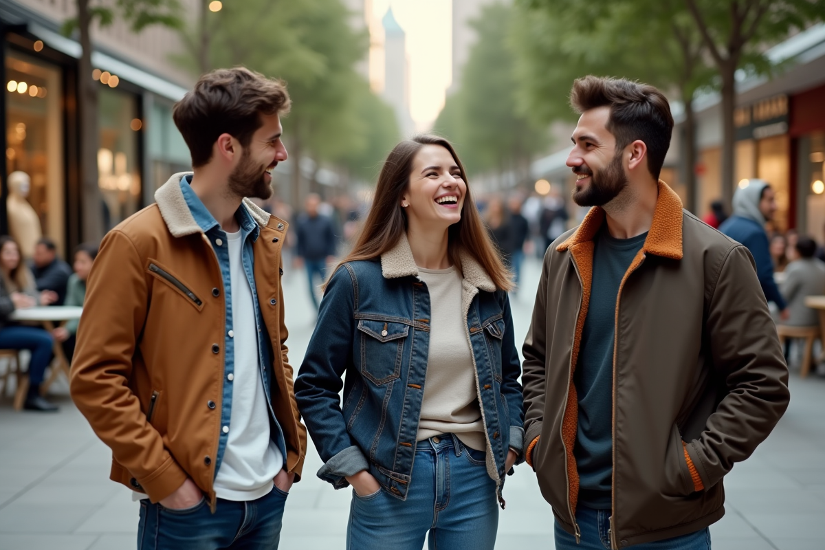 Trois amis dans une place urbaine comparent leurs vêtements