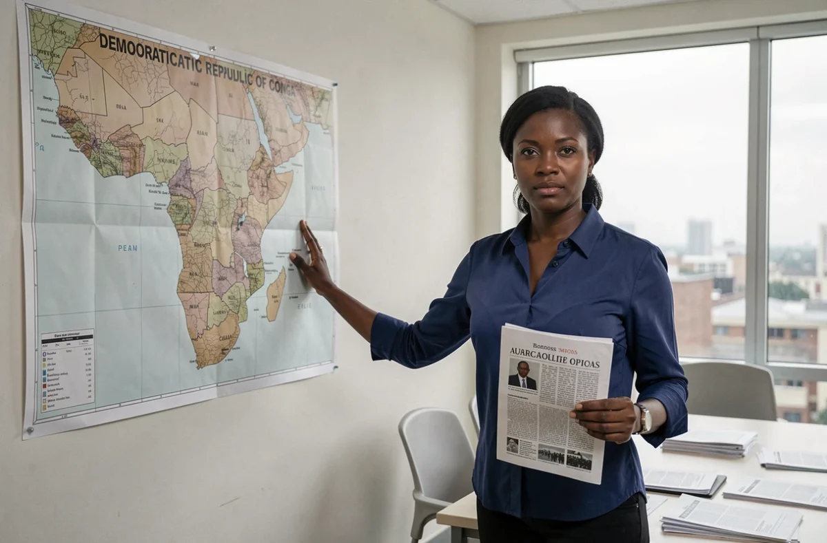 Analyste politique congolaise présentant un rapport de presse devant une carte de la RDC