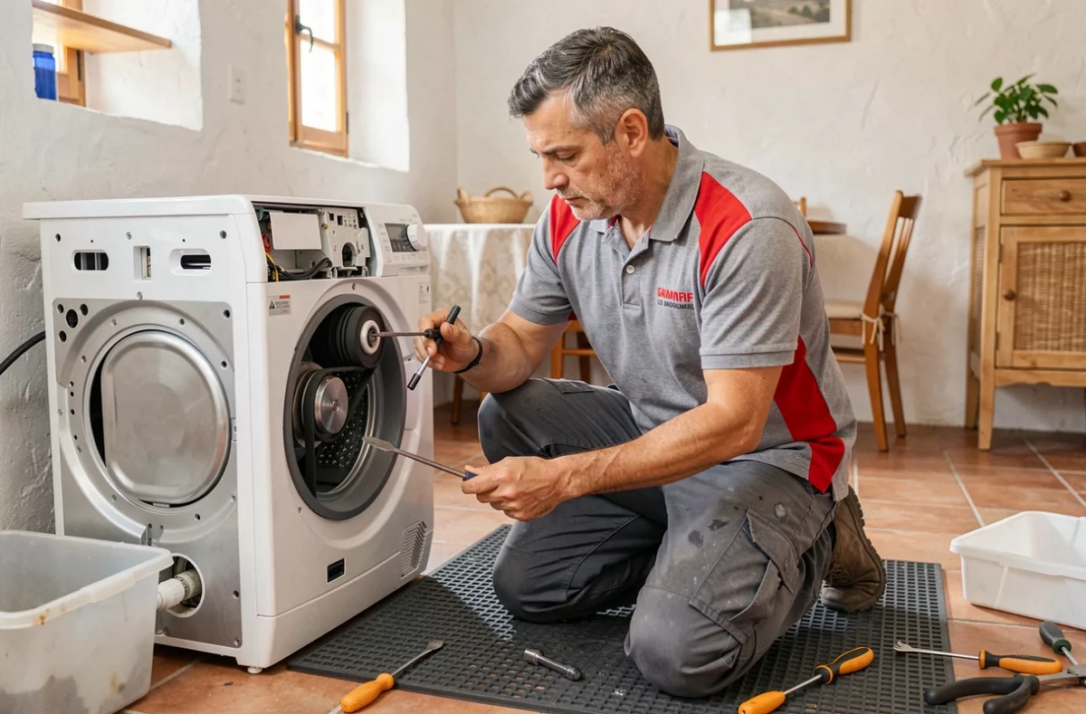 Réparateur Angles Dépannage contrôlant le mécanisme d'un lave-linge dans une maison du Gard près des Angles