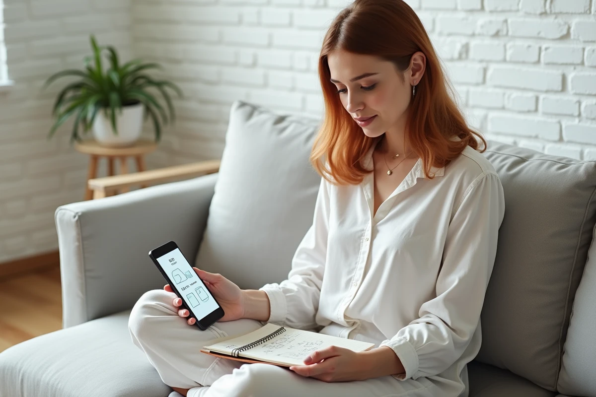 Jeune femme utilisant une application mobile pour convertir un intervalle de temps entre deux dates en heures et minutes