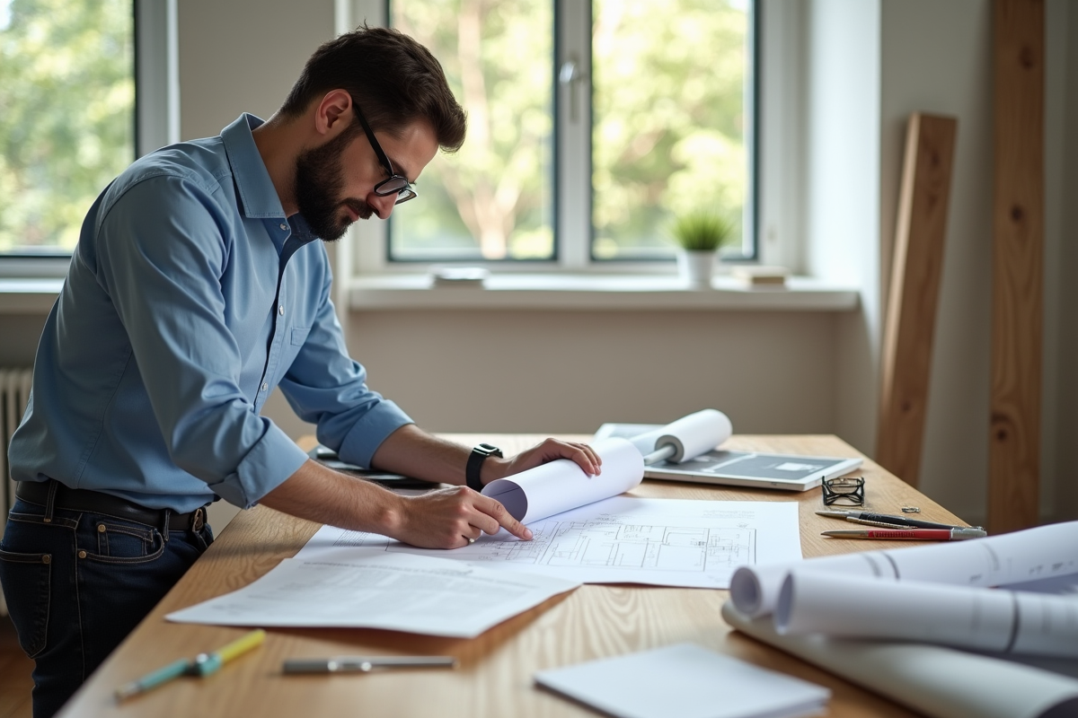 Architecte examinant des plans dans un espace lumineux