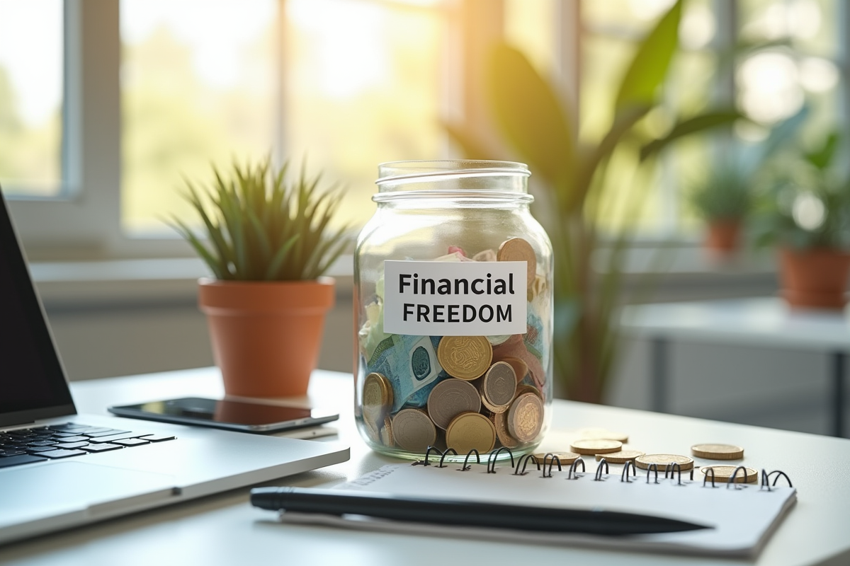 Argent et pièces sur un bureau lumineux illustrant la liberté financière