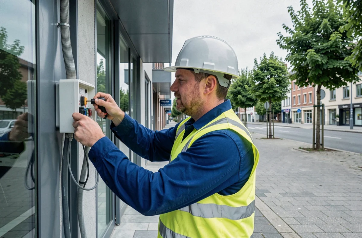 Électricien ARNEO installant des équipements électriques sur un bâtiment commercial à Chatou dans les Yvelines