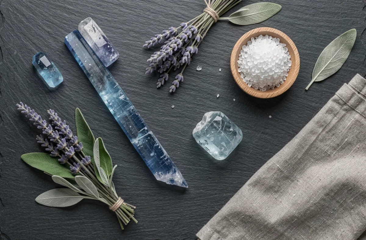 Assortiment de pierres bleues avec sauge, lavande et sel marin pour rituel de purification
