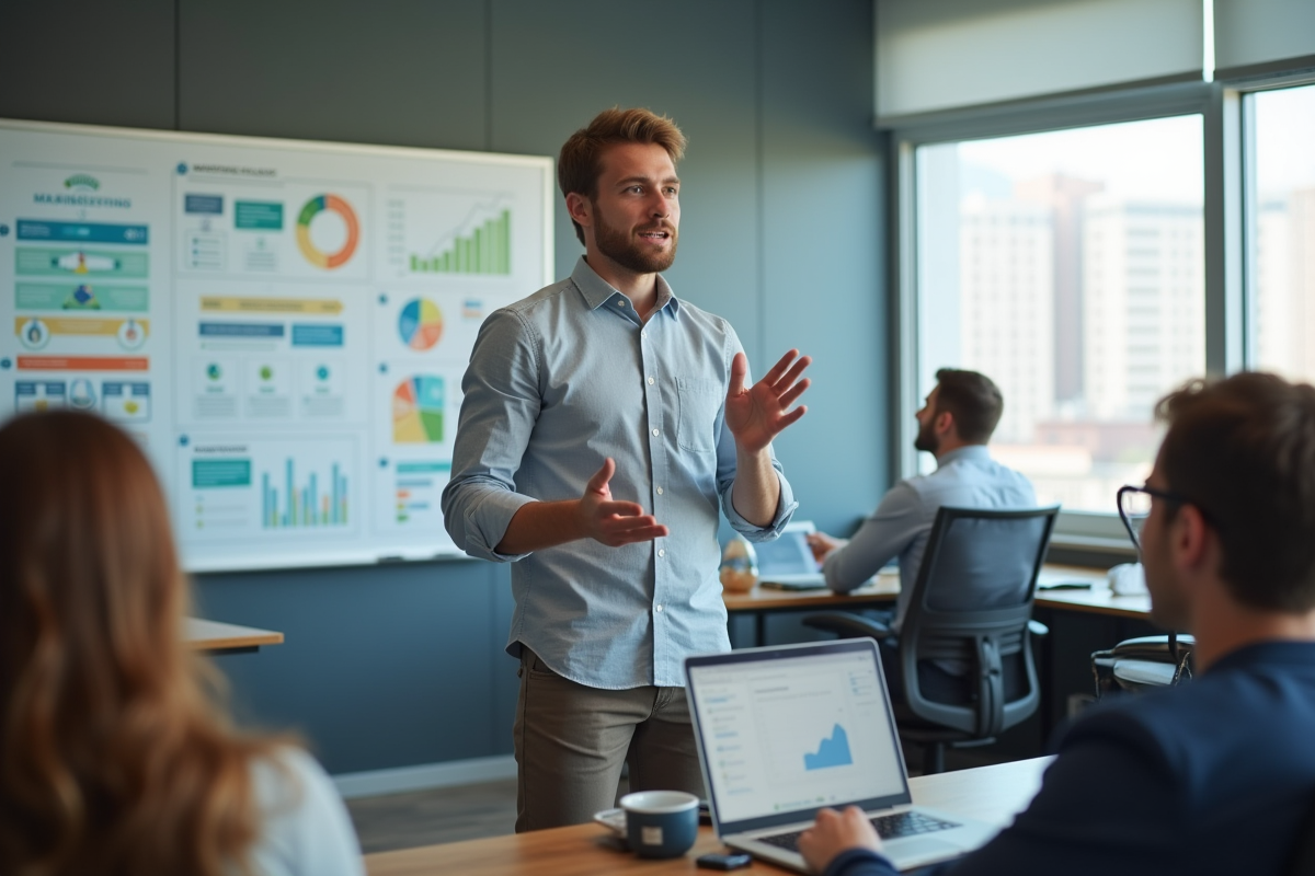 Groupe de jeunes en atelier marketing dans une salle moderne