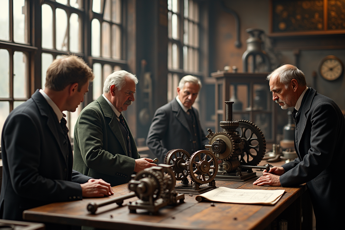 Atelier de moteurs à vapeur du XIXe siècle avec inventeurs