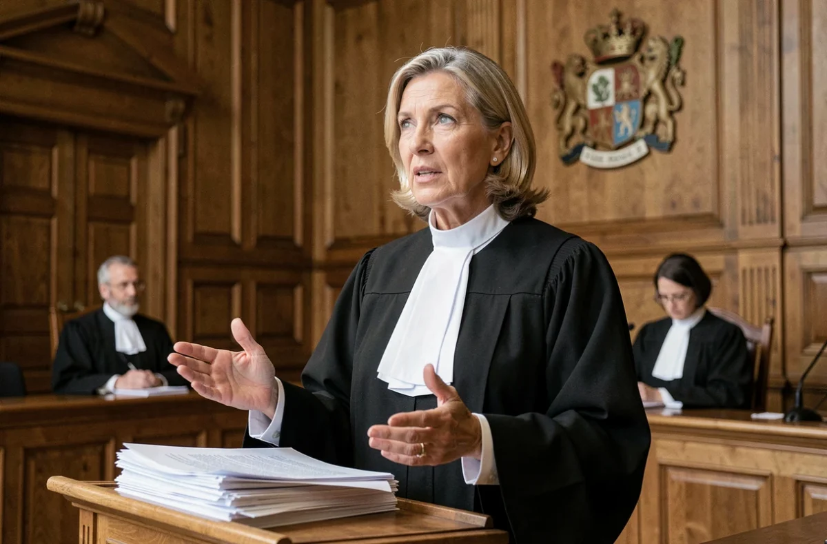 Avocate en robe noire plaidant devant le tribunal lors d'une audience pour contravention de cinquième classe