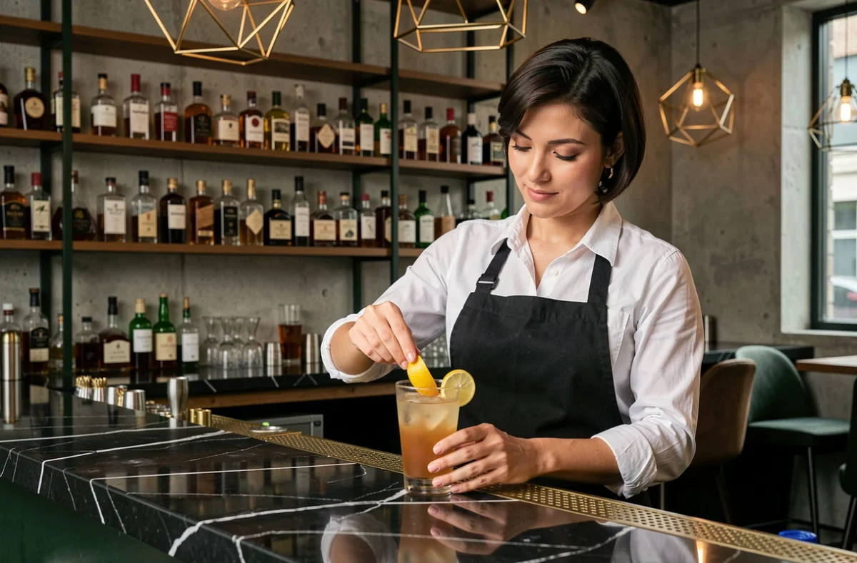Barmaid préparant un cocktail artisanal dans un bar tendance du quartier Confluence à Lyon
