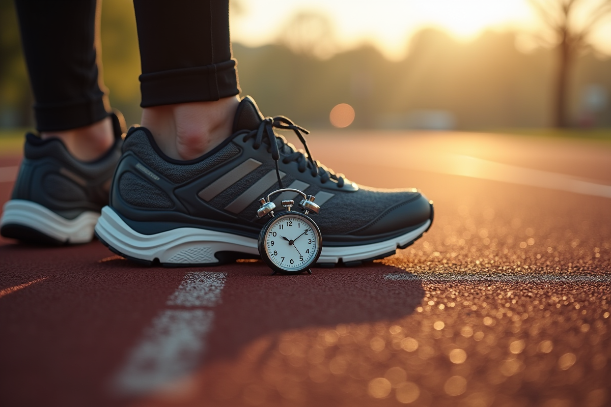 Détail de baskets usées et chronomètre sur piste de course au matin