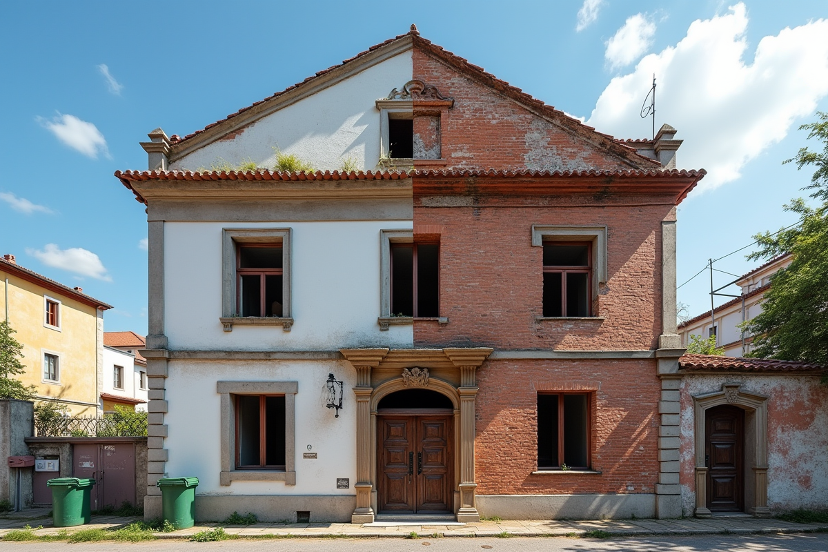 Bâtiment historique partiellement rénové sous la lumière naturelle