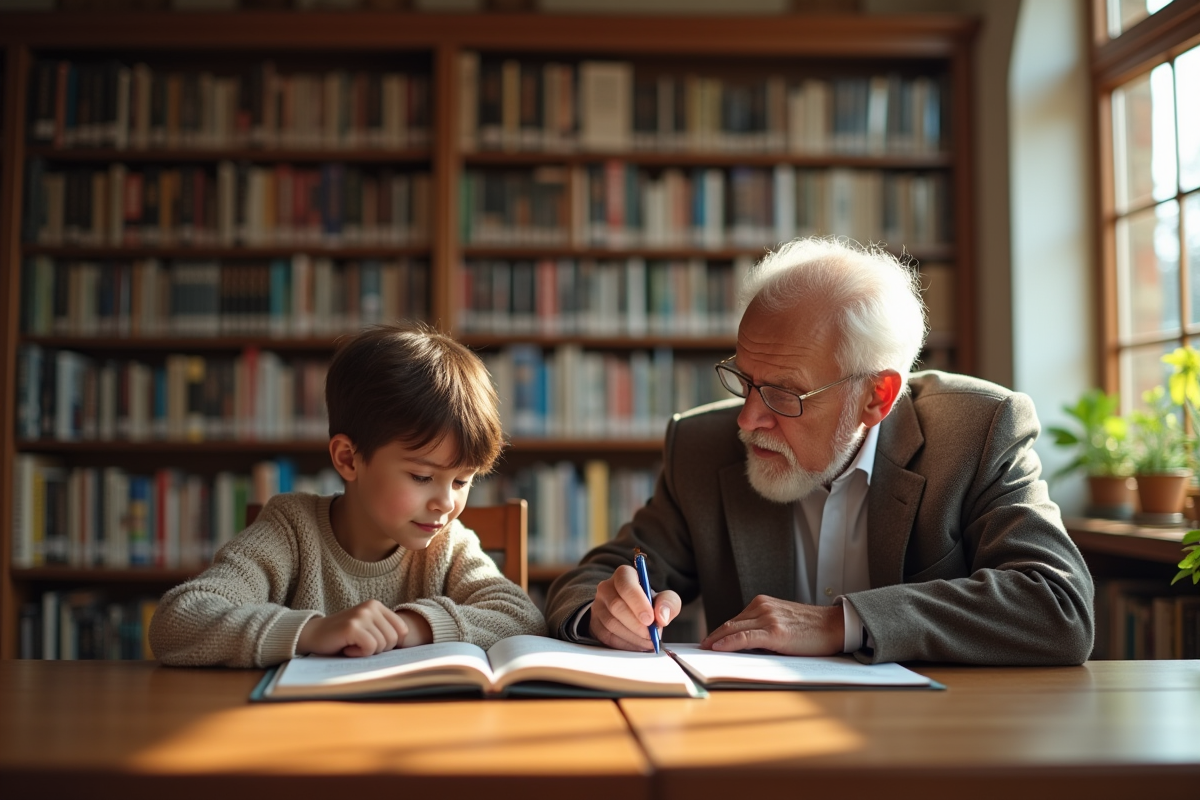 Enfant et mentor étudiant dans une bibliothèque lumineuse