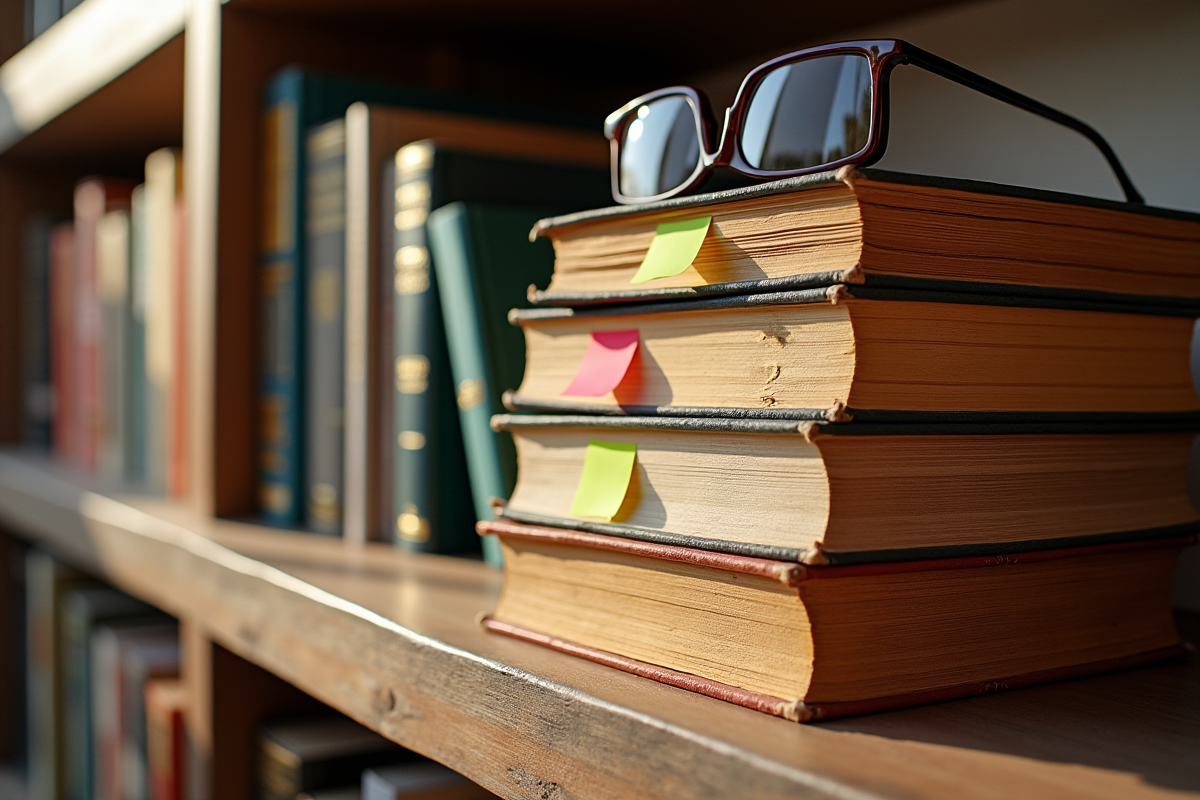 Étagère remplie de livres anciens avec lunettes de lecture