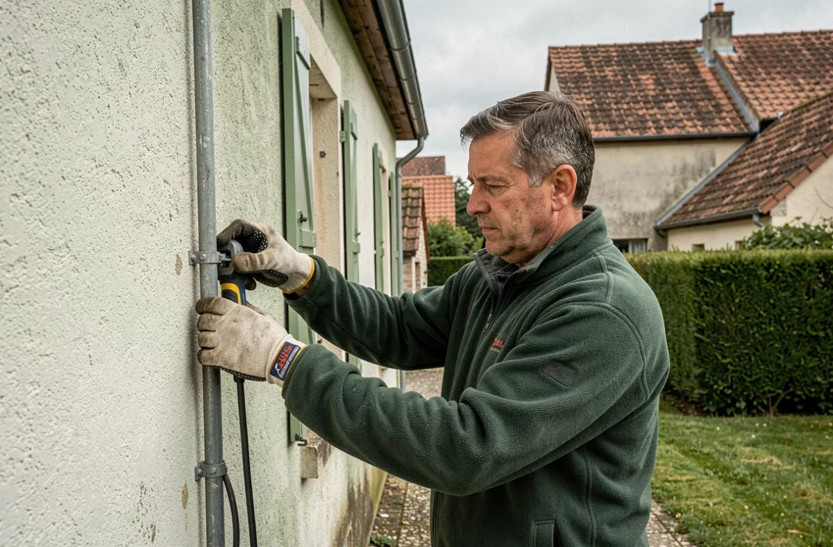 Électricien BMO Service fixant des conduits électriques sur la façade d'une maison dans les Yvelines