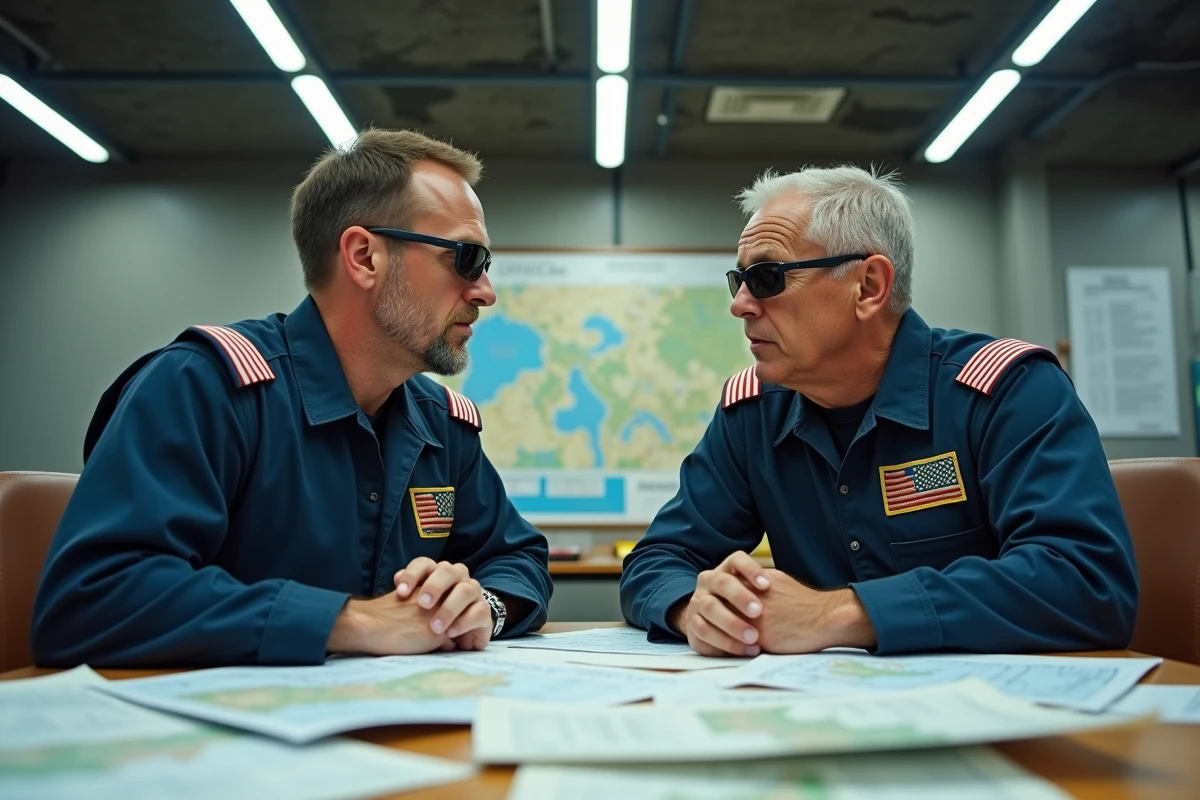 Deux pilotes militaires en combinaison de vol discutant dans une salle de briefing avec des cartes aériennes