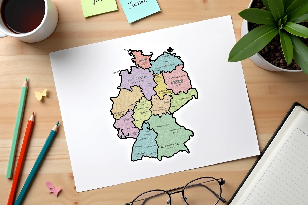 Vue aérienne d'un bureau avec carte des Länder allemands, crayons et notes manuscrites