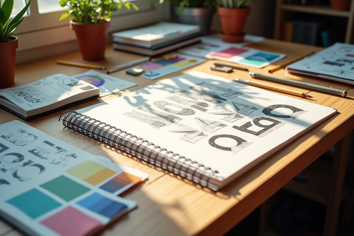 Bureau d'un designer créatif vu du dessus avec échantillons de couleurs