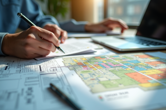 Bureau d urbanisme avec cartes de zonage colorées et plans architecturaux