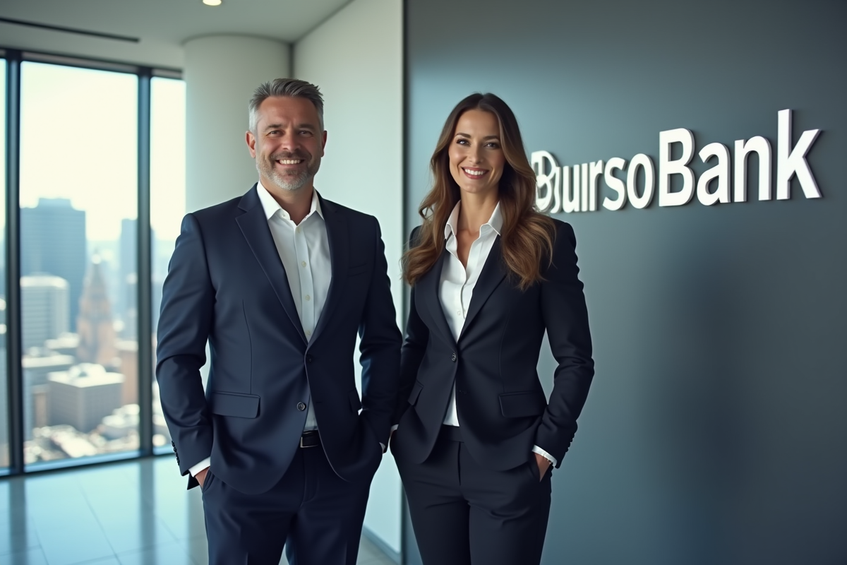 cadre dirigeant devant le logo de BoursoBank en ville
