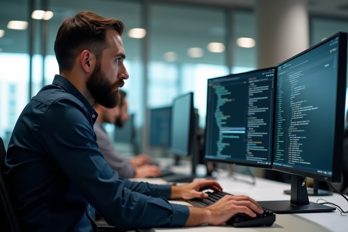 Développeur calculant la conversion de durée entre deux dates en heures et minutes sur un double écran d'ordinateur