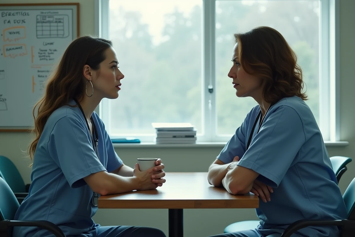 Deux femmes médecins en confrontation dans la salle de pause d'un hôpital, échange tendu et regard expressif, illustrant la rivalité entre Cameron et Cuddy pour comprendre Gregory House