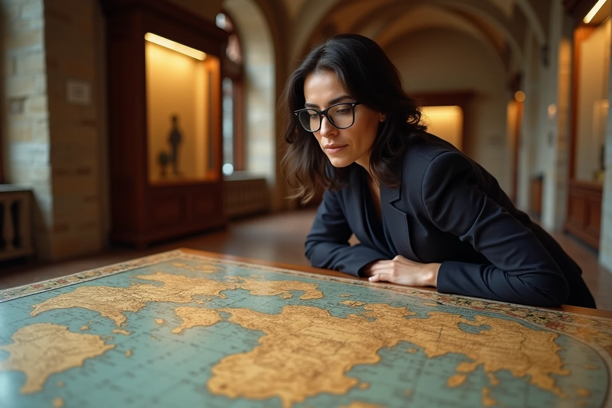 Chercheuse étudiant une carte ancienne de la Turquie dans un musée ottoman à Istanbul, positionnement géographique entre Europe et Asie