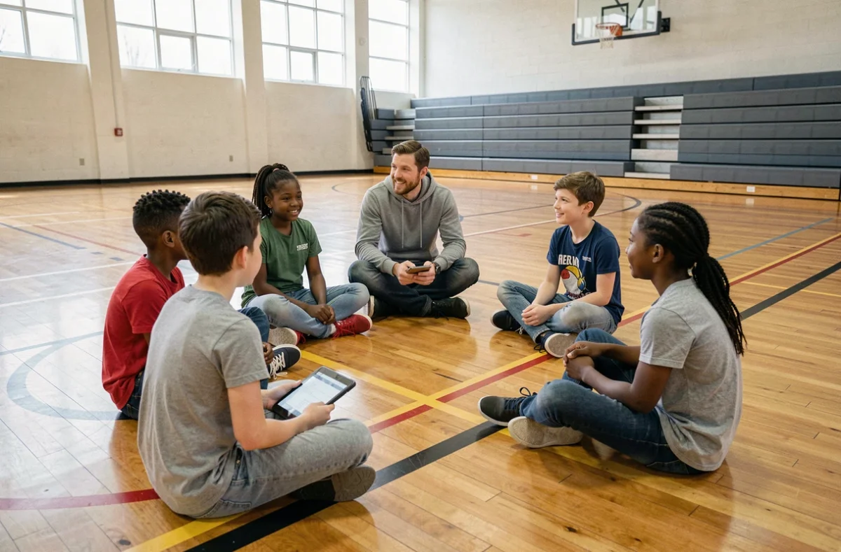 Cercle de parole inclusif entre enfants de différentes origines et un éducateur dans un gymnase municipal