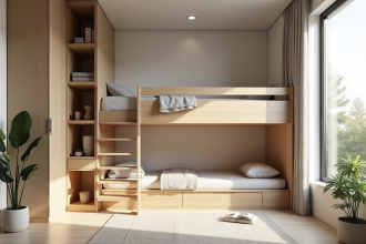 Chambre moderne avec lit mezzanine et décoration minimaliste