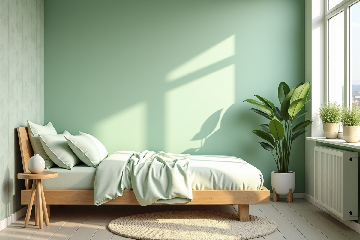 Chambre moderne pastel vert avec lit et plantes