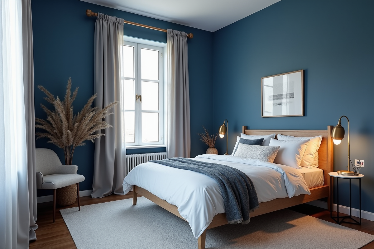 Chambre scandinave bleu fonce avec textiles chaleureux
