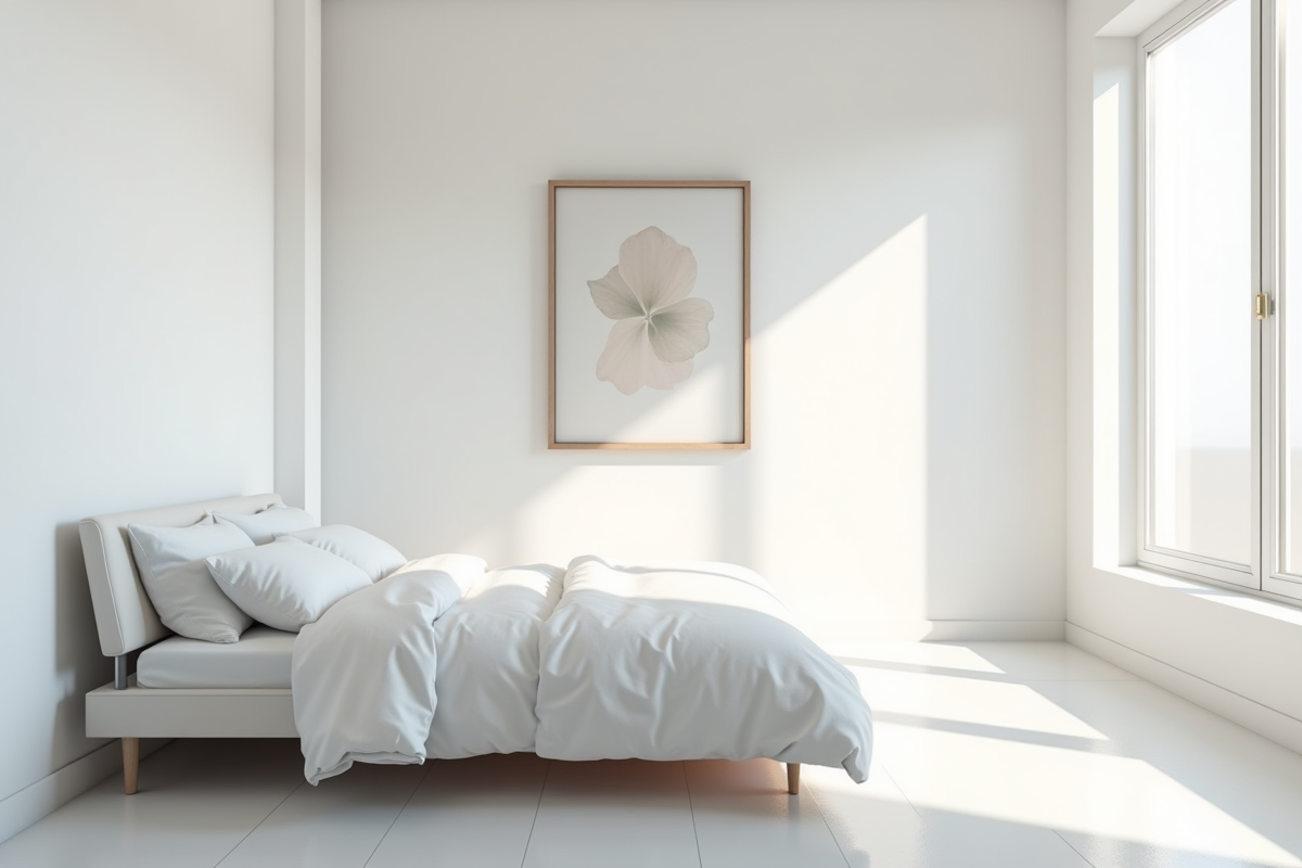 Chambre lumineuse avec lit blanc et décoration épurée
