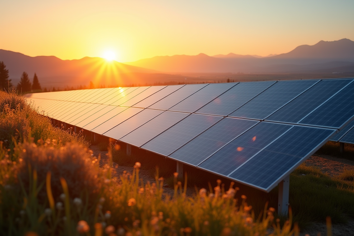 Grand champ de panneaux solaires au coucher du soleil à la campagne
