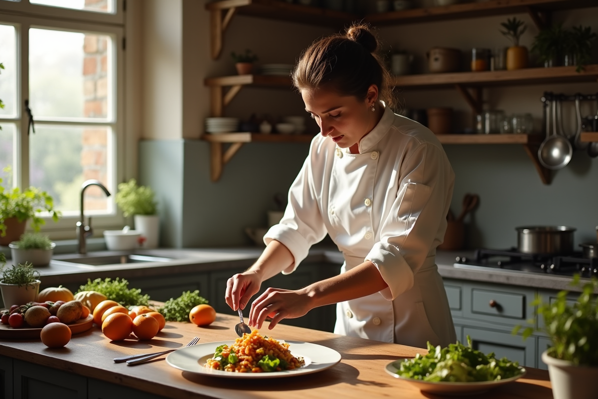 Chef élégant en cuisine française préparant un plat gourmet