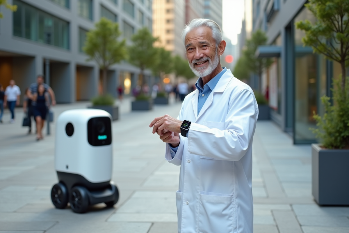 Chercheur âgé montrant un robot de livraison en ville