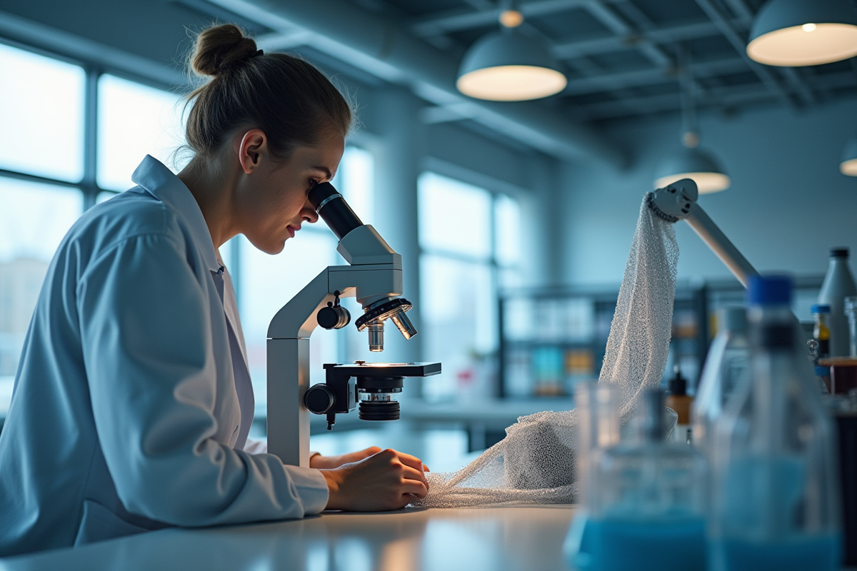 Chercheur examinant un textile hightech au microscope dans un laboratoire
