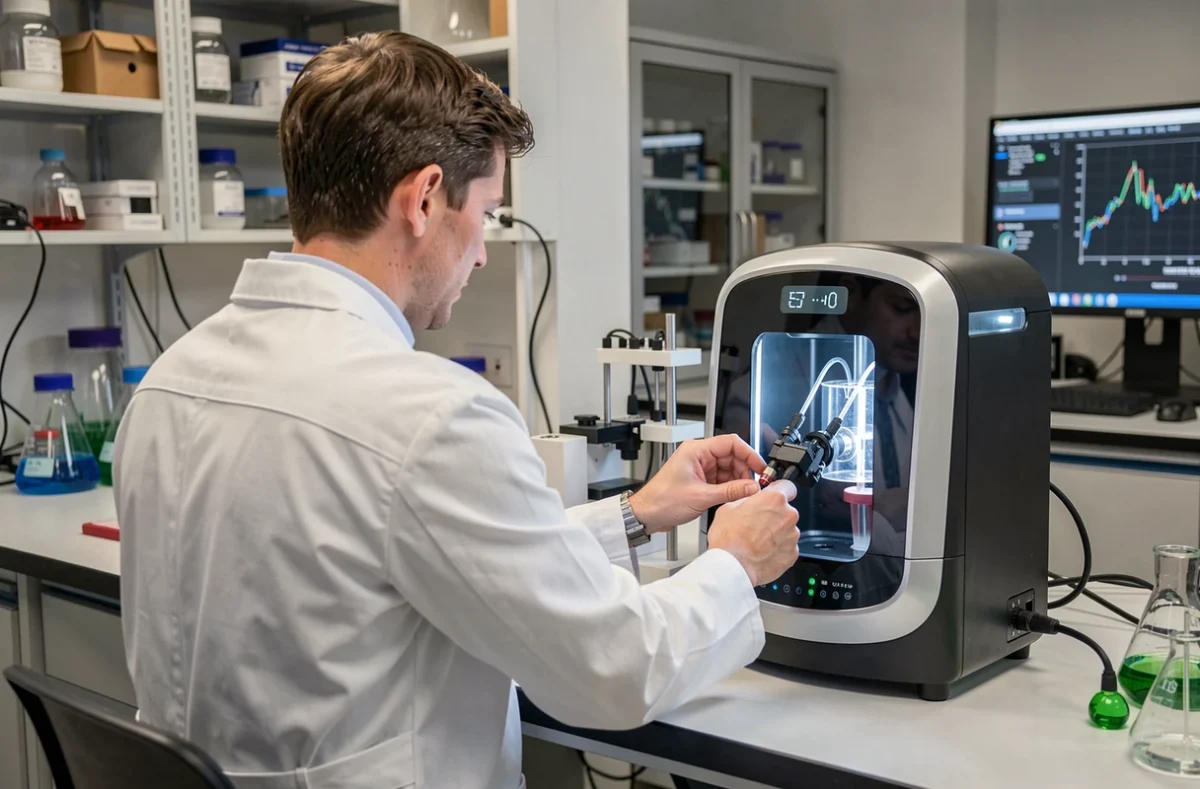 Chercheuse réglant un appareil expérimental dans un laboratoire