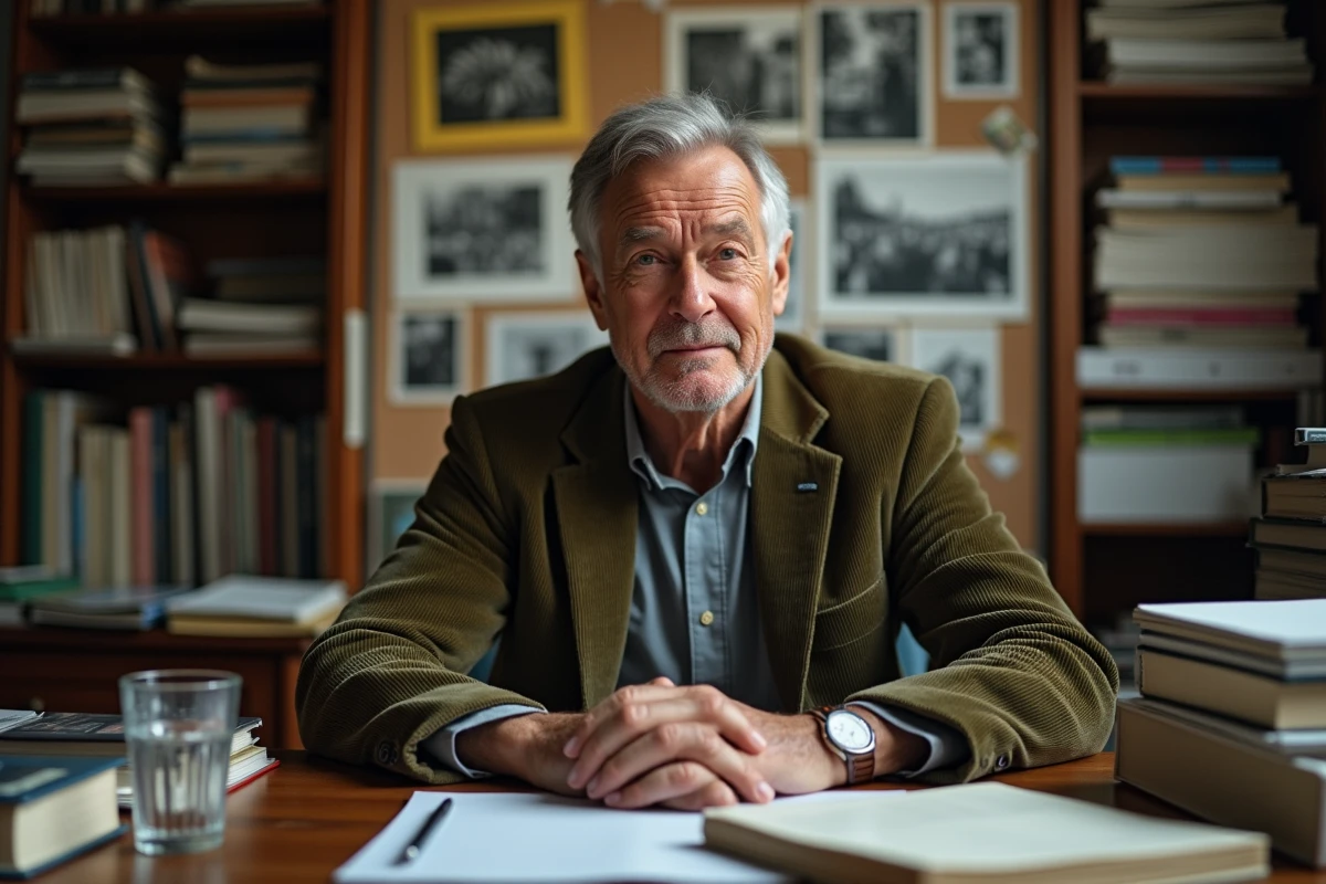 Portrait d'un homme discret dans son bureau à domicile entouré de livres et de notes personnelles, symbolisant une existence réfléchie et retirée de la célébrité