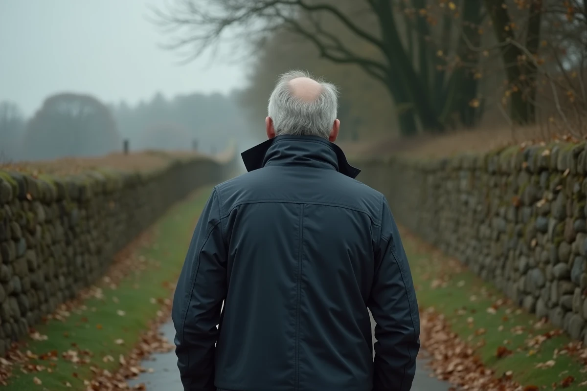 Homme d'âge mûr marchant seul sur un chemin de campagne français bordé d'arbres en automne, illustrant l'éloignement volontaire des projecteurs médiatiques