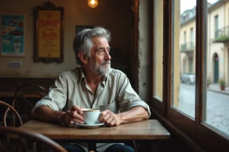 Homme aux cheveux grisonnants assis seul dans un café de province français, regardant par la fenêtre d'un air pensif, évoquant une vie discrète loin des médias