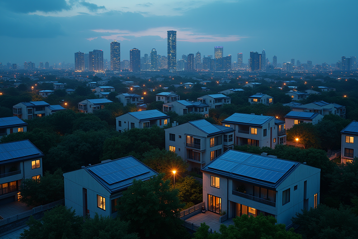 Paysage urbain au crépuscule avec maisons connectees et panneaux solaires