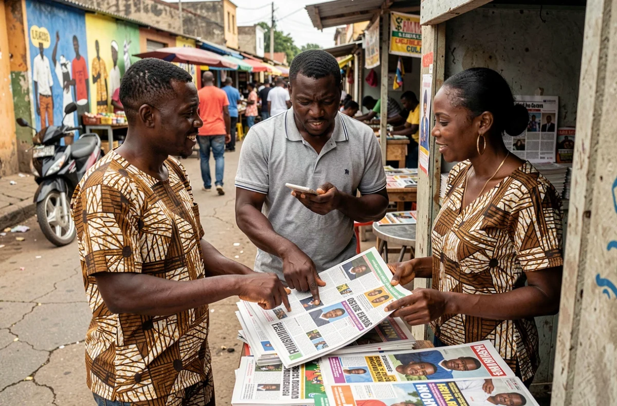 Citoyens congolais lisant et discutant la presse politique devant un kiosque à journaux de Kinshasa